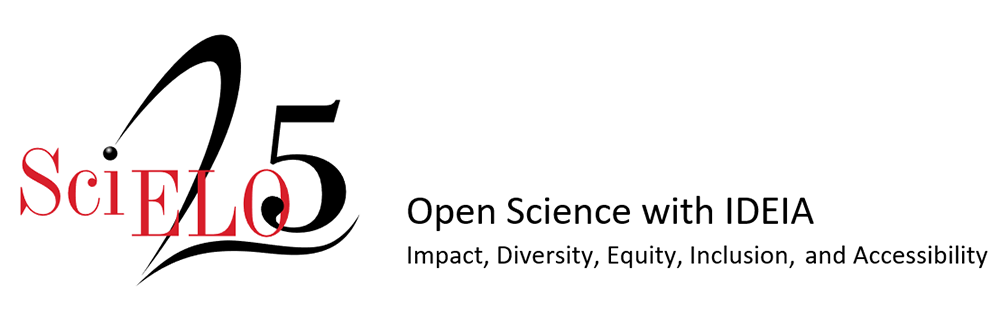 SciELO 25 Years logo with the tagline: Open Science with IDEIA – Impact, Diversity, Equity, Inclusion, and Accessibility