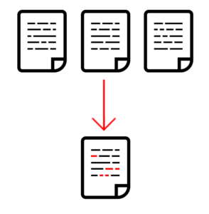 Plagiarism diagram. The diagram consists of a drawing of three sheets of paper with text, one next to the other, followed below by a red arrow pointing down to a sheet of paper with text on which some passages are highlighted in red.