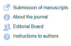 Screenshot of the top right of the home page of a journal on the SciELO Brazil Collection website in the version before the adjustments. The links and information icons are in different colors, with low contrast and little spacing between the lines, making selection difficult, especially on mobile screens and touchscreen use. The icons are in image format.