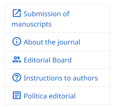 Screenshot of the top right of the home page of a journal on the SciELO Brazil Collection website in the version after the adjustments. The links and information icons are in the same color, with greater contrast and spacing between the lines and arranged in a table format with apparent borders, making selection easier, especially on mobile screens and touchscreen use. The image icons have been replaced by standardized and accessible universal icons.