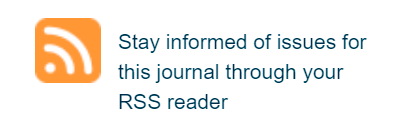 Screenshot of the RSS button located at the bottom of the page of journals indexed in the SciELO Brazil Collection in the version before the adjustments. The RSS icon is orange on the left, followed by the text "Follow the issues of this journal in your RSS reader" on the right, in two lines. The size of the text is small, as is the spacing between the lines.