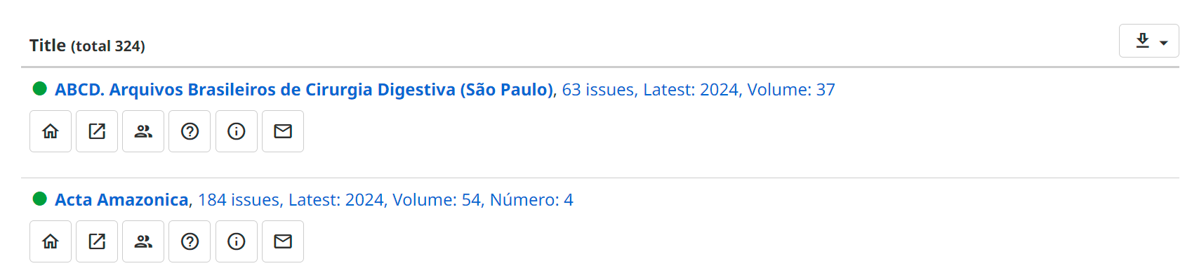 Screenshot of the alphabetical list of journals indexed in the SciELO Brazil Collection in the version after the adjustments. It shows a list with two journals. Each line is composed as follows: at the top, the title of the journal, the number of issues and the publication date of the last issue. Below the journal title, there is a sequence of six icons in image format, with greater contrast and spacing between them, as well as a square outline delimiting the icon area. The information is arranged with greater spacing between them, thus increasing the click area.