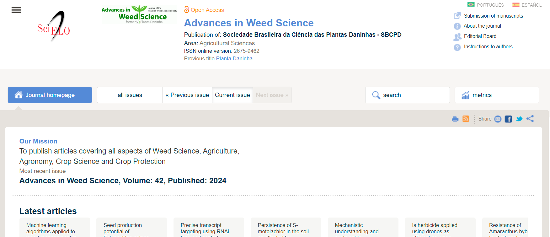 Screenshot of the home page of the journal Advances in Weed Science on the SciELO Brazil Collection website in the version before the adjustments. There is no navigation path (known as a breadcrumb trail) available.