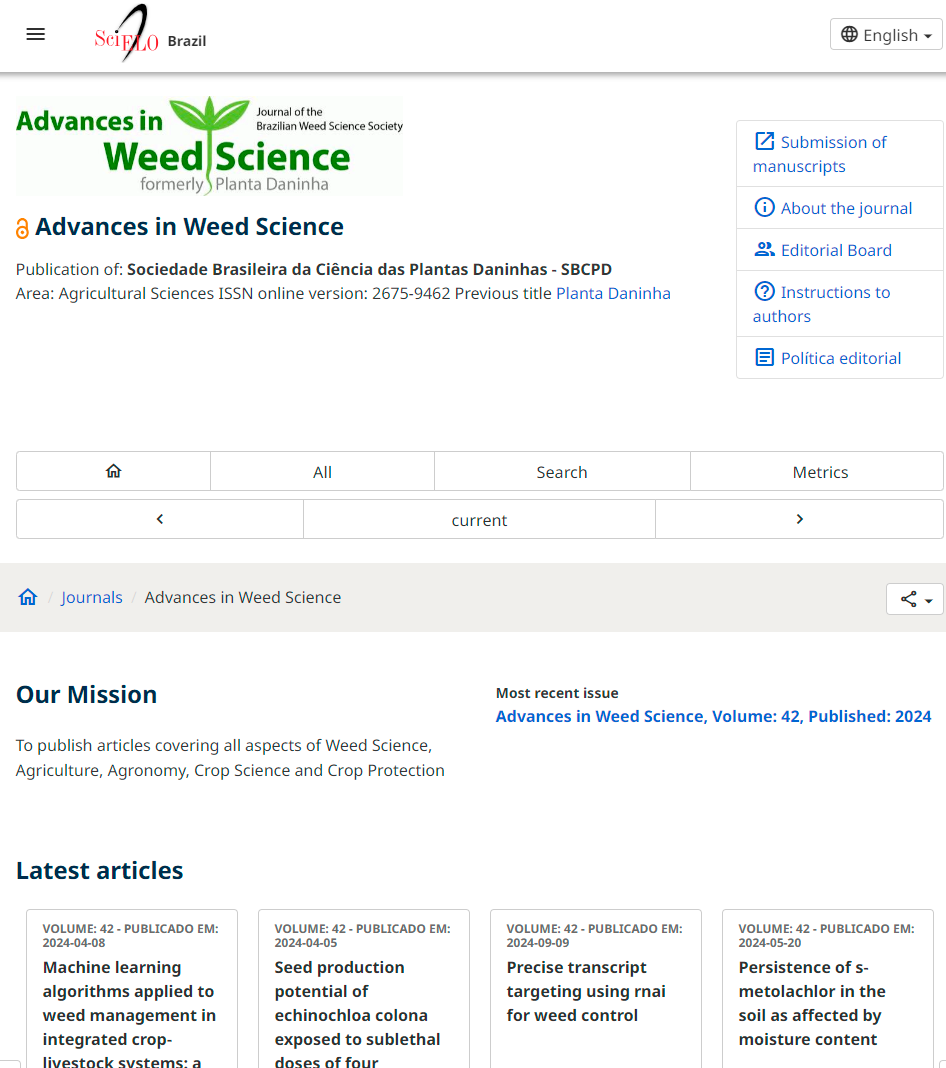 Screenshot of the home page of the journal Advances in Weed Science on the SciELO Brazil Collection website in the version after the adjustments. You can see a navigation path (known as a breadcrumb trail) available just below the header, and before the main content of the page. The header shows the following sequence: House icon (home page) / Journals / Advances in Weed Science.