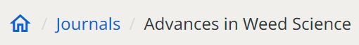 Screenshot of the isolated navigation path on the SciELO Brazil Collection website in the version after the adjustments. It shows the following sequence: House icon (home page) / Journals / Advances in Weed Science. The navigation path is set against a gray background.