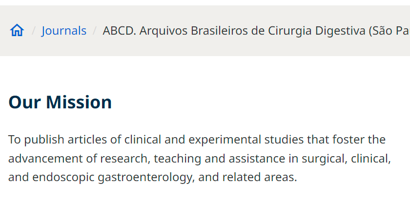 Screenshot detailing the navigation path (previously displayed as the title) and "Our Mission" section on the home page of a journal indexed on the SciELO Brazil Collection website in the version after the adjustments. The correct use of heading tags improves reading by assistive tools.