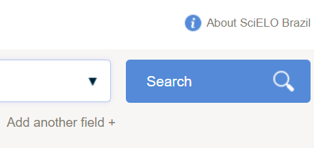 Screenshot of the right part of the search field on the home page of the SciELO Brazil Collection website in the version before the adjustments. The links "About SciELO Brazil" and "Add another field +" are in dark gray. There is a blue "information" icon in image format on the left-hand side of the "About SciELO Brazil" link.