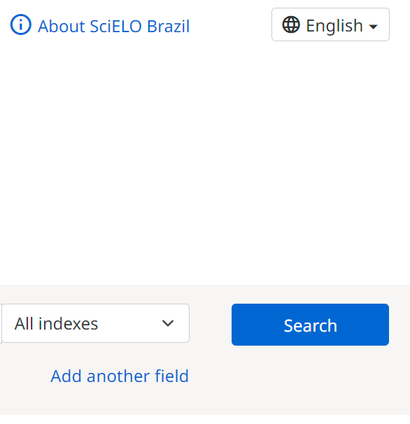 Captura de tela da parte direita do campo de busca Screenshot of the right part of the search field on the home page of the SciELO Brazil Collection website in the version after the adjustments. The links "About SciELO Brazil" and "Add another field" are colored blue in the same tone as the buttons and other links on the site. The "information" icon to the left of the "About SciELO Brazil" link is also in the same shade of blue, but has been replaced by a standardized and accessible universal icon.