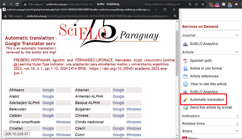 Captura de pantalla que muestra las opciones de traducción automática en SciELO Paraguay.