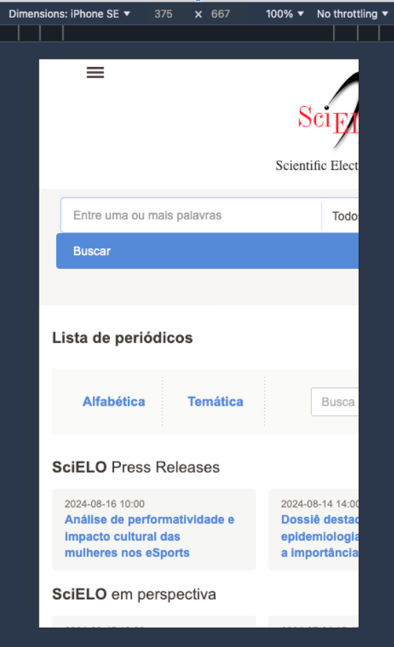 Captura de pantalla del navegador de un smartphone de la parte superior izquierda de la página de inicio del sitio web de la Colección SciELO Brasil en la versión anterior a los ajustes. Sólo es visible una parte del contenido, la de la izquierda. Al llegar al extremo derecho de la pantalla, se interrumpe la visualización del contenido, incluyendo el logotipo SciELO, la caja y el botón de búsqueda y el feed de Comunicados de Prensa SciELO, que aparecen cortados por la mitad.