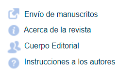 Captura de pantalla de la parte superior derecha de la página de inicio de una revista en el sitio web de la Colección SciELO Brasil en la versión anterior a los ajustes. Los enlaces y los iconos de información están en diferentes colores, con bajo contraste y poco espacio entre las líneas, lo que dificulta la selección, especialmente en pantallas móviles y en el uso de pantallas táctiles. Los iconos están en formato de imagen.