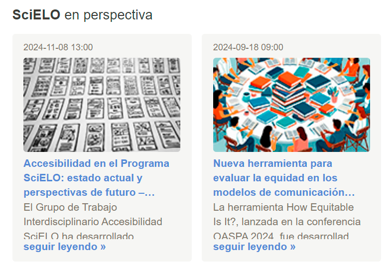 Captura de pantalla de la sección "SciELO en Perspectiva" en la página principal del sitio web de la Colección SciELO Brasil en la versión anterior a los ajustes, donde hay dos recuadros que muestran los últimos posts publicados en el blog SciELO en Perspectiva. De arriba abajo, cada recuadro se compone de la fecha de publicación, una imagen, el título del post, un breve extracto del resumen y un enlace "seguir leyendo". El fondo de la caja es gris claro y los enlaces azul claro, con poco contraste. Hay poco espacio entre las líneas.