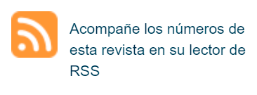 Captura de pantalla del botón RSS ubicado en la parte inferior de la página de las revistas indexadas en la Colección SciELO Brasil en la versión anterior a los ajustes. A la izquierda aparece el icono RSS en color naranja, seguido del texto "Siga los números de esta revista en su lector RSS" a la derecha, en dos líneas. El tamaño del texto es pequeño, al igual que el espacio entre las líneas.