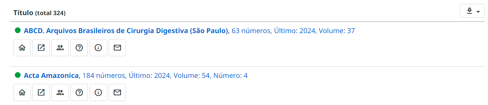 Captura de pantalla de la lista alfabética de revistas indexadas en la Colección SciELO Brasil en la versión posterior a los ajustes. Muestra una lista con dos revistas. Cada línea se compone de la siguiente manera: en la parte superior, el título de la revista, el número de números y la fecha de publicación del último número. Debajo del título de la revista, hay una secuencia de seis iconos en formato de imagen, con mayor contraste y espaciado entre ellos, así como un contorno cuadrado que delimita la zona de iconos. La información está dispuesta con mayor espaciado entre ellos, aumentando así el área de clic.