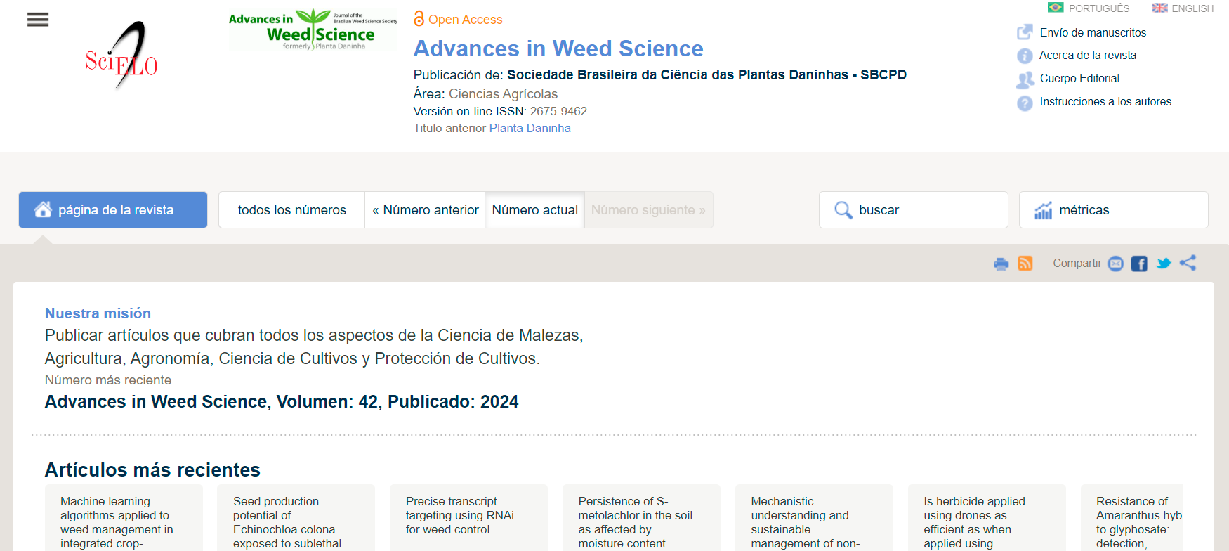 Captura de pantalla de la página de inicio de la revista Advances in Weed Science en el sitio de la Colección SciELO Brasil en la versión anterior a los ajustes. No hay ruta de navegación (conocida como breadcrumb trail) disponible.