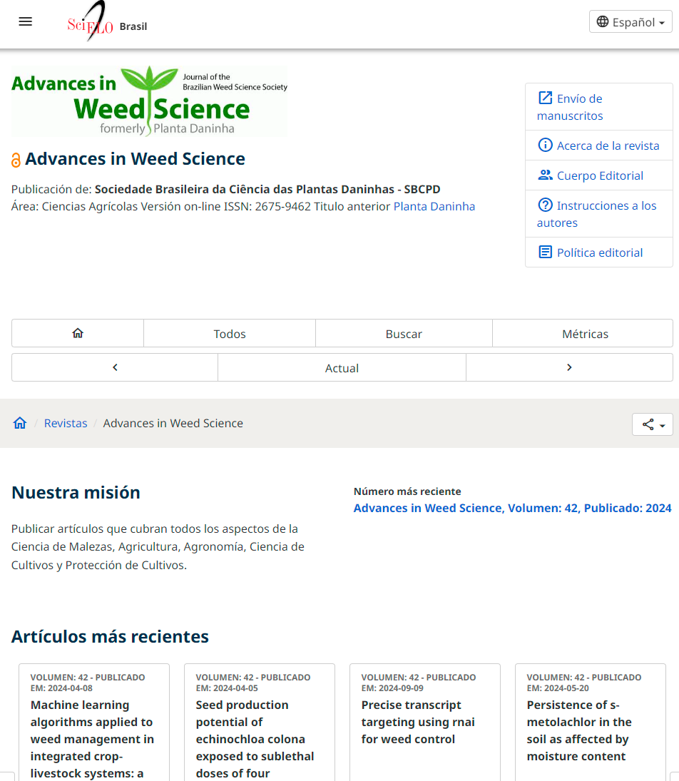 Captura de pantalla de la página de inicio de la revista Advances in Weed Science en el sitio web de la Colección SciELO Brasil en la versión posterior a los ajustes. Se puede ver una ruta de navegación (conocida como breadcrumb trail) disponible justo debajo de la cabecera, y antes del contenido principal de la página. El encabezado muestra la siguiente secuencia: Icono de la casa (página de inicio) / Revistas / Advances in Weed Science.