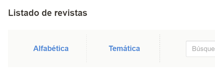 Captura de pantalla de la sección "Lista de revistas" de la página de inicio del sitio de la Colección SciELO Brasil en la versión anterior a los ajustes. Los enlaces "Alfabético" y "Temático" están en un tono más claro de azul, con poco contraste con el fondo gris claro del banner donde se encuentran los enlaces.