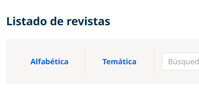 Captura de pantalla de la sección "Lista de revistas" de la página inicial del sitio de la Colección SciELO Brasil en la versión posterior a los ajustes. Los enlaces "Alfabético" y "Temático" están en un tono más oscuro de azul, en mayor contraste con el fondo gris claro del banner donde se encuentran los enlaces.