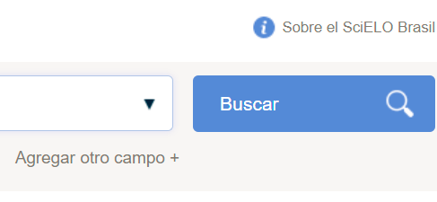 Captura de pantalla de la parte derecha del campo de búsqueda en la página de inicio del sitio web de la Colección SciELO Brasil en la versión anterior a los ajustes. Los enlaces "Acerca de SciELO Brasil" y "Añadir otro campo +" son de color gris oscuro. Hay un icono azul de "información" en formato de imagen a la izquierda del enlace "Acerca de SciELO Brasil".