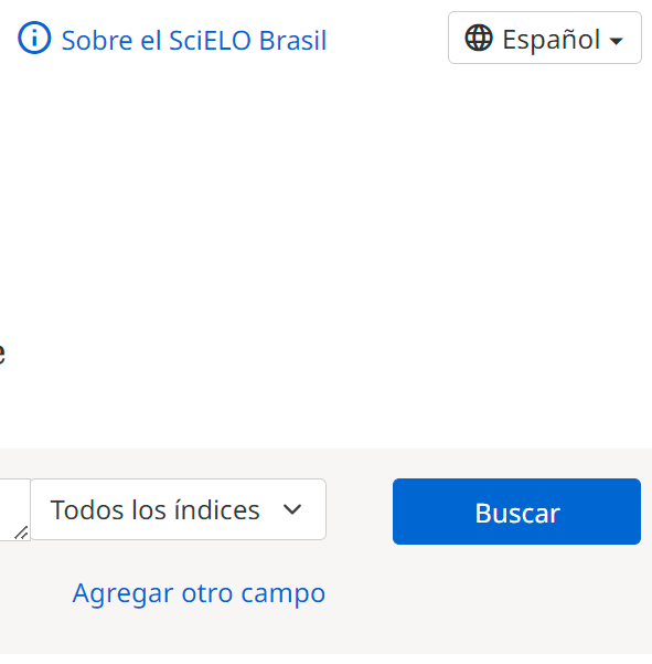 Captura de pantalla de la parte derecha del campo de búsqueda en la página de inicio del sitio web de la Colección SciELO Brasil en la versión posterior a los ajustes. Los enlaces "Sobre el SciELO Brasil" y "Agregar otro campo" están coloreados en azul en el mismo tono que los botones y otros enlaces del sitio. El icono de "información" a la izquierda del enlace "Acerca de SciELO Brasil" también está en el mismo tono de azul, pero ha sido sustituido por un icono universal estandarizado y accesible.