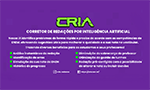 Promotional image of CRIA (artificial intelligence essay grader), showing the tool's logo, details about its features, and social media contacts, all on a purple background.