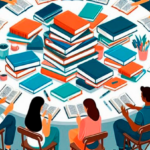 Digital illustration of a group of people sitting around a table, surrounded by books, discussing and sharing ideas