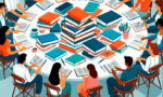 Digital illustration of a group of people sitting around a table, surrounded by books, discussing and sharing ideas