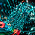 Imagen digital de varios haces de luz de colores en movimiento