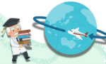 Ilustración de un científico con bata y birrete, cargando una pila de libros, caminando hacia un globo terráqueo rodeado de anillos, mientras un avión sobrevuela el planeta.