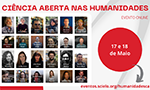 Peça gráfica do evento A Ciência Aberta nas Humanidades com os retratos de todos os palestrantes.