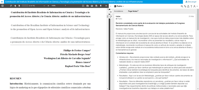 Print screen mostrando à esquerda um preprint de um dos trabalhos submetidos ao congresso e à direita a avaliação aberta.