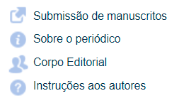 Captura de tela da parte superior direita da página inicial de um periódico no site da Coleção SciELO Brasil na versão antes dos ajustes. Os links e ícones informativos estão em cores diferentes, com baixo contraste e com pouco espaçamento entre as linhas, dificultando a seleção, principalmente em telas móveis e uso de toque (touchscreen). Os ícones estão em formato de imagem.