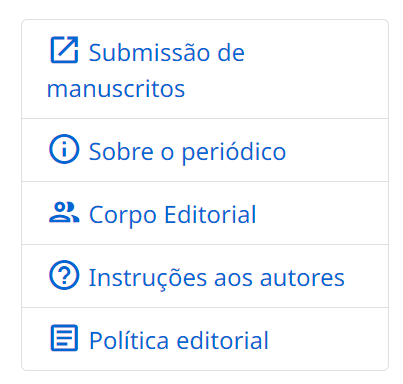 Captura de tela da parte superior direita da página inicial de um periódico no site da Coleção SciELO Brasil na versão após os ajustes. Os links e ícones informativos estão com a mesma cor, com maior contraste e espaçamento entre as linhas e dispostos em um formato de tabela com bordas aparentes, facilitando a seleção, principalmente em telas móveis e uso de toque (touchscreen). Os ícones em imagem foram substituídos por ícones universais padronizados e acessíveis.