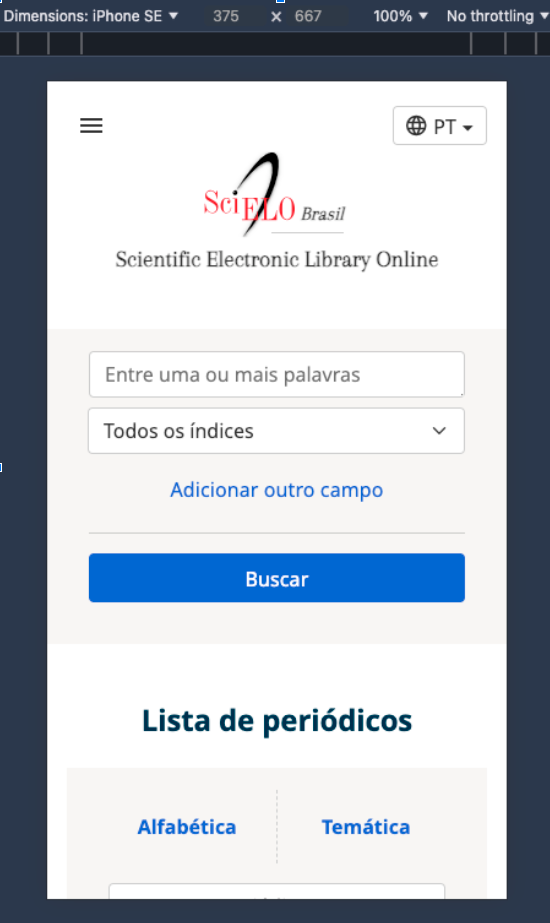 Captura de tela de um navegador smartphone da parte superior esquerda da página inicial do site da Coleção SciELO Brasil na versão após os ajustes. A parte superior é totalmente visível e ajustada para a tela do smartphone. O logo SciELO aparece por inteiro, centralizado, assim como os campos e botão de busca, abaixo. Nenhum conteúdo ou elemento está oculto ou aparece pela metade. É possível visualizar as opções de idioma da interface no canto superior direito da tela, o que não era possível na versão anterior.