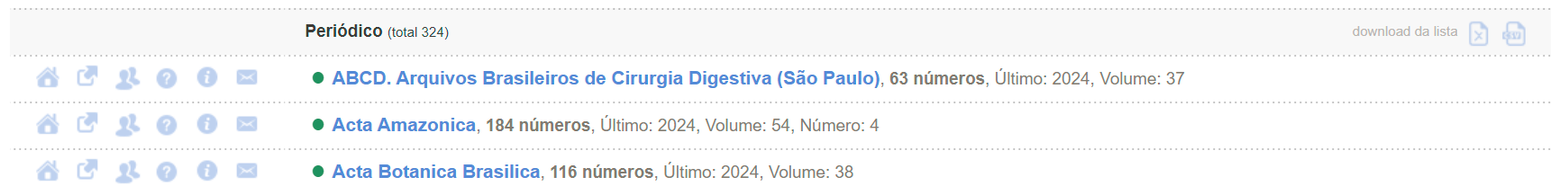 Captura de tela da lista alfabética de periódicos indexados na Coleção Brasil na versão antes dos ajustes. Mostra uma listagem com três periódicos. Cada linha é composta da seguinte forma: do lado esquerdo há uma sequência de seis ícones em formato de imagem, com pouco contraste e espaçamento entre eles. Do lado direito, o título do periódico, a quantidade de números e a data de publicação do último número. As informações estão dispostas com pouco espaçamento entre elas, diminuindo a área de clique.