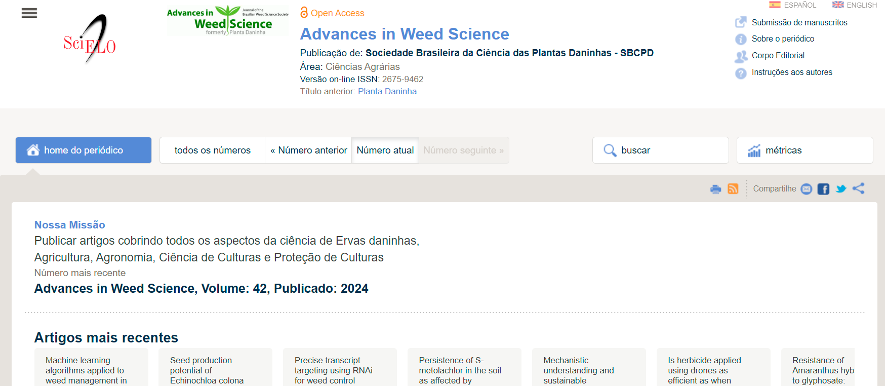 Captura de tela da página inicial do periódico Advances in Weed Science no site da Coleção SciELO Brasil na versão antes dos ajustes. Não há um caminho de navegação (conhecido como breadcrumb trail) disponível.