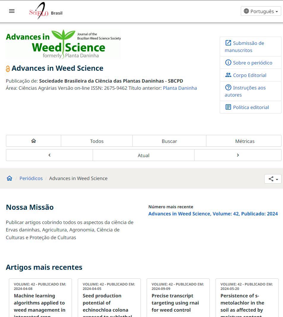 Captura de tela da página inicial do periódico Advances in Weed Science no site da Coleção SciELO Brasil na versão após os ajustes. É possível ver um caminho de navegação (conhecido como breadcrumb trail) disponível logo abaixo do cabeçalho, e antes do conteúdo principal da página. O cabeçalho mostra a seguinte sequência: Ícone de uma casa (página inicial) / Periódicos / Advances in Weed Science.