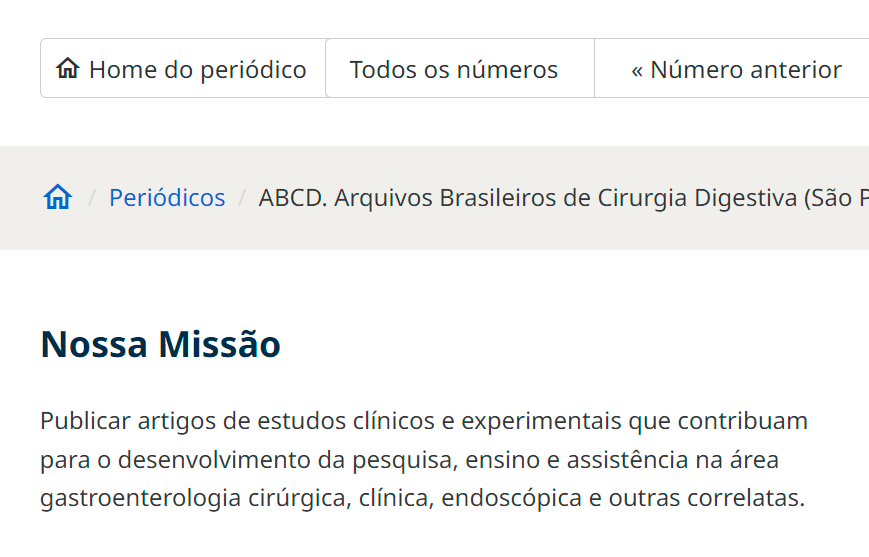 Captura de tela em detalhe do caminho de navegação (anteriormente exibido como título) e seção "Nossa Missão" na página inicial de um periódico indexado no site da Coleção SciELO Brasil na versão após os ajustes. O uso correto das tags de cabeçalhos melhora a leitura por ferramentas assistivas.