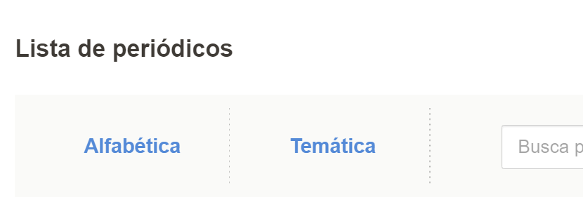 Captura de tela da seção "Lista de periódicos" na página inicial do site da Coleção SciELO Brasil na versão antes dos ajustes. Os links "Alfabética" e "Temática" estão em cor azul em um tom mais claro, com pouco contraste com o fundo cinza claro da faixa onde os links encontram-se.