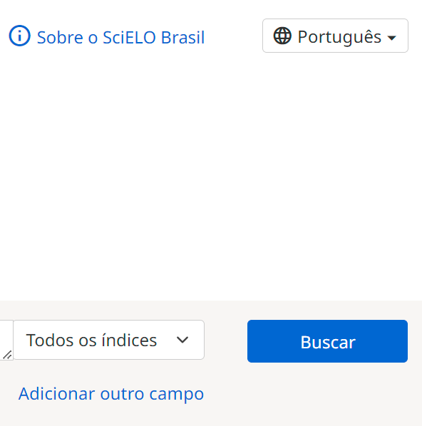 Captura de tela da parte direita do campo de busca da página inicial no site da Coleção SciELO Brasil na versão após os ajustes. Os links "Sobre o SciELO Brasil" e "Adicionar outro campo" estão com cor azul no mesmo tom utilizado pelos botões e demais links no site. O ícone de "informação" ao lado esquerdo do link "Sobre o SciELO Brasil" também está no mesmo tom de azul, mas foi substituído por um ícone universal padronizado e acessível.