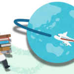 Ilustração de um cientista usando jaleco e chapéu de formatura, carregando uma pilha de livros, caminhando em direção a um globo terrestre com anéis ao redor, enquanto um avião voa ao redor do planeta.